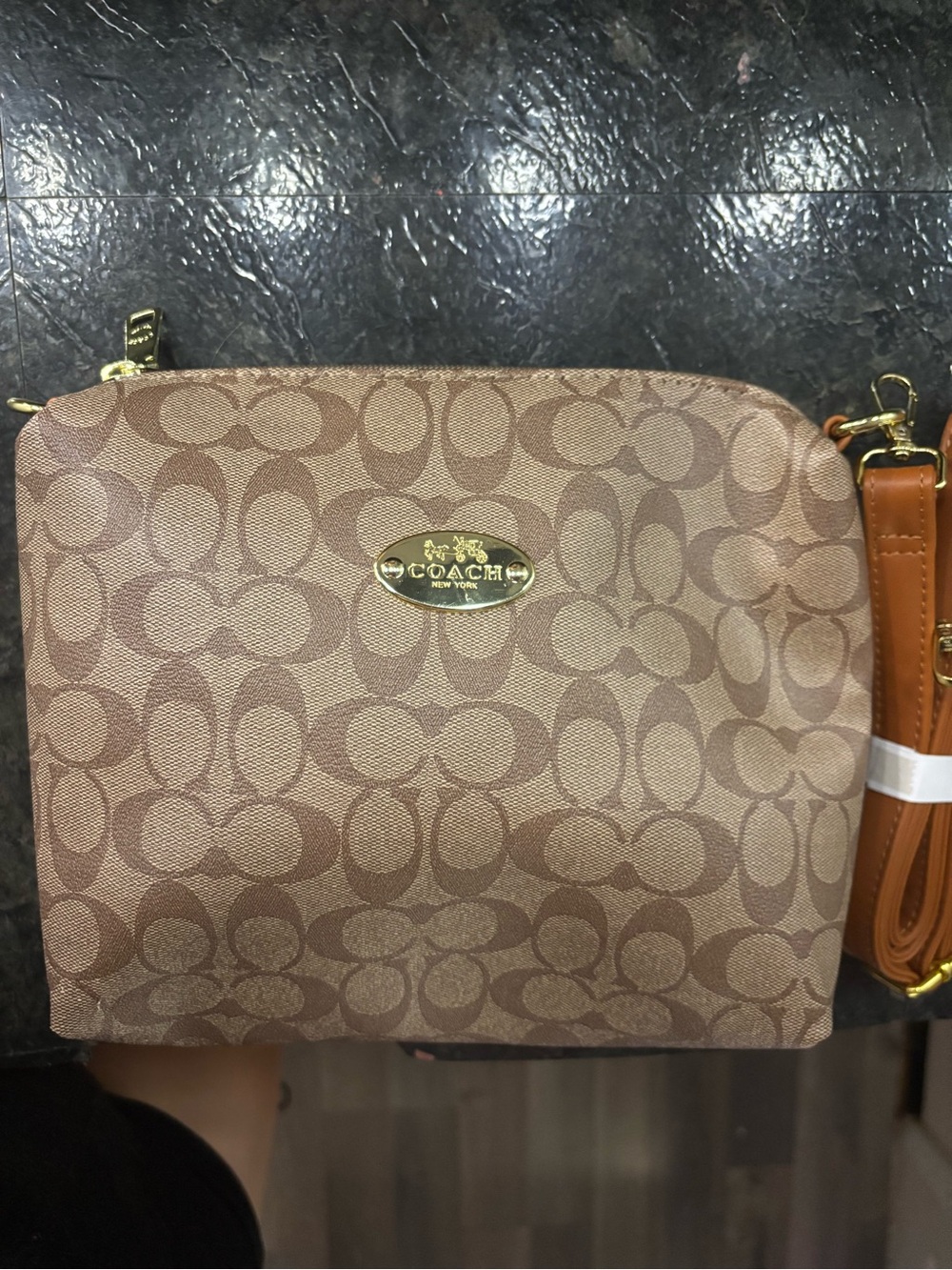 Coach Signature Monogram Crossbody in Brown and Tan